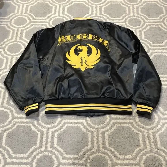 Vintage Ruger Guns Satin Bomber Jacket Mens Size Medium Pla-Jac Dunbrooke Black